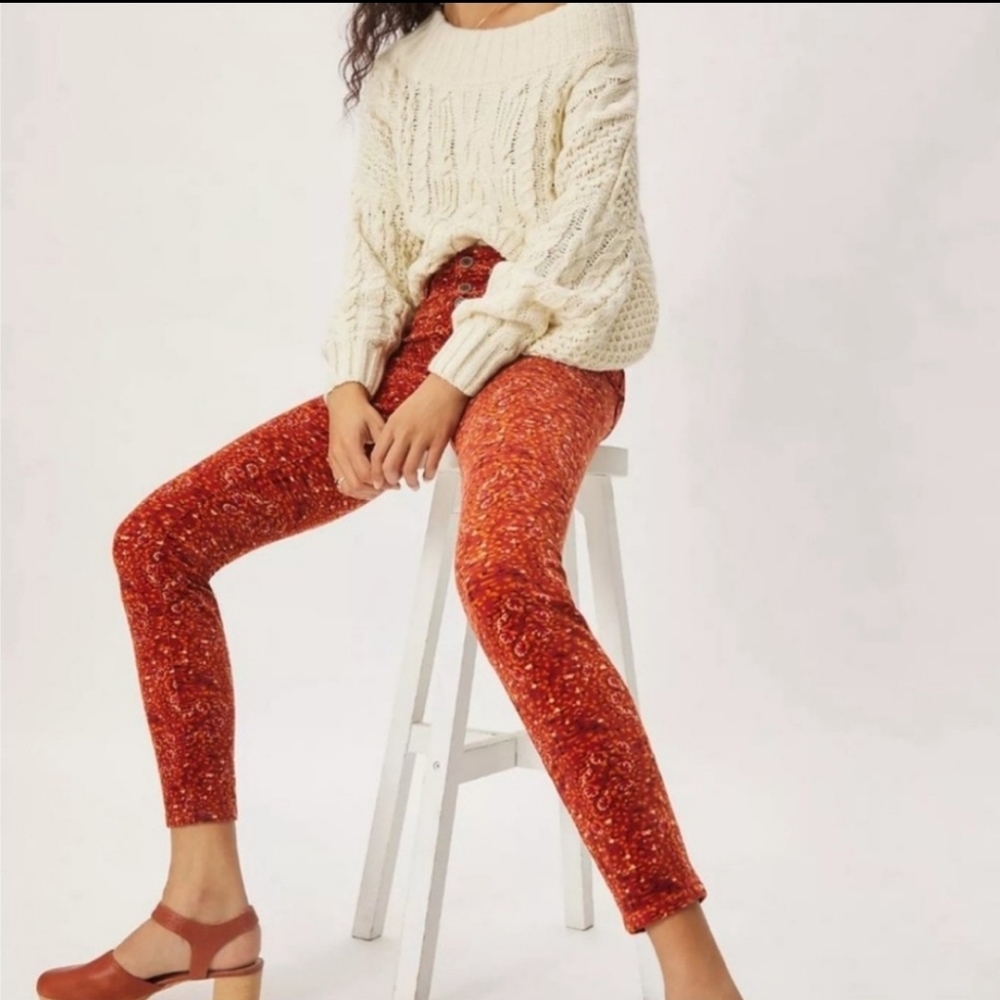 ANTHROPOLOGIE PILCRO HIGH-RISE SKINNY BUTTON FLY CORDUROY PANTS ORANGE FLORAL 28